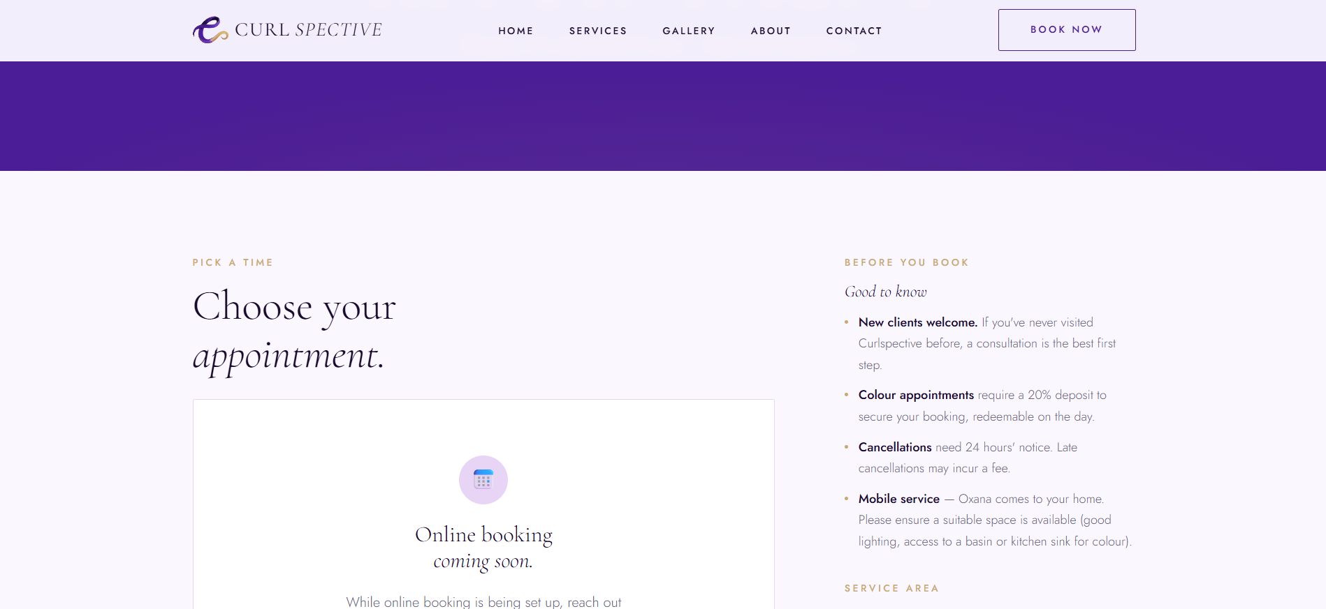 Curlspective booking page with Book An Appointment hero