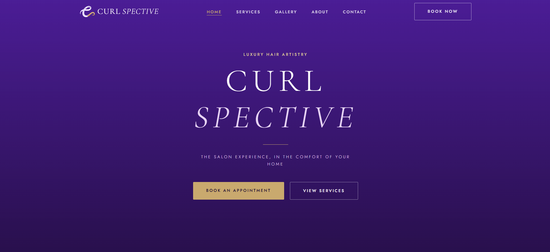 Curlspective website home page with typographic hero on royal purple