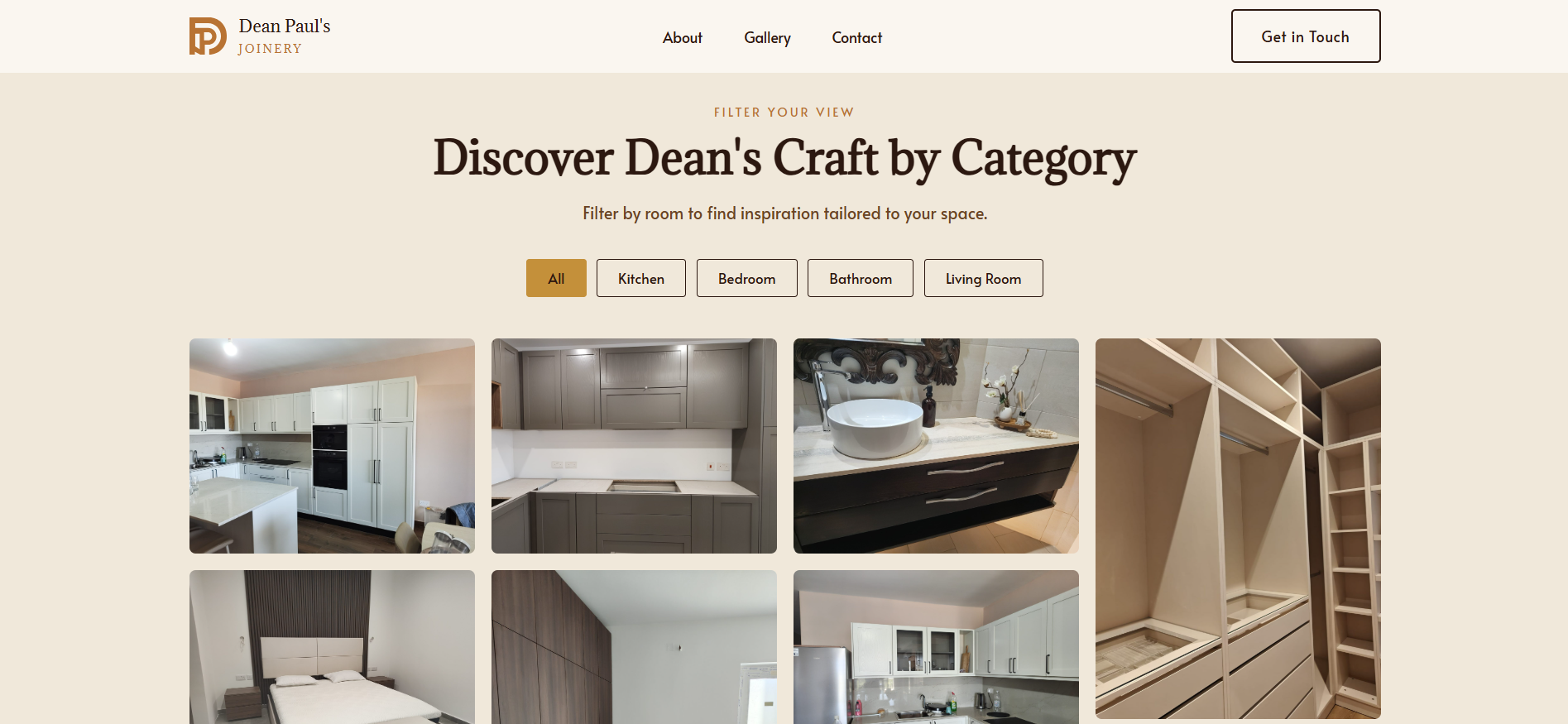 Dean Paul's Joinery gallery page with category-filtered photos of kitchens, bedrooms and bathrooms