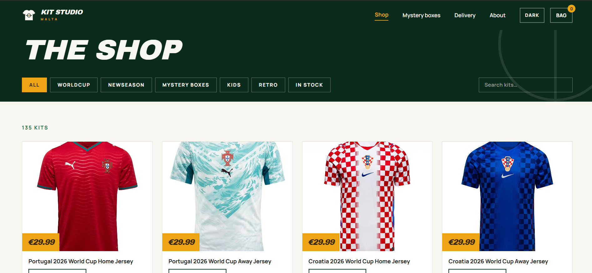 Kit Studio Malta shop page with category filters, search and a grid of 135+ kits