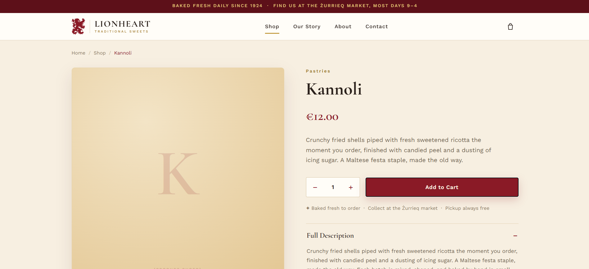 Lionheart kannoli product page with quantity selector and add to cart